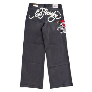 Ed Hardy Mens Wide Leg Baggy Jeans Faded Black Love Kills Slowly Tattoo 34 NWT